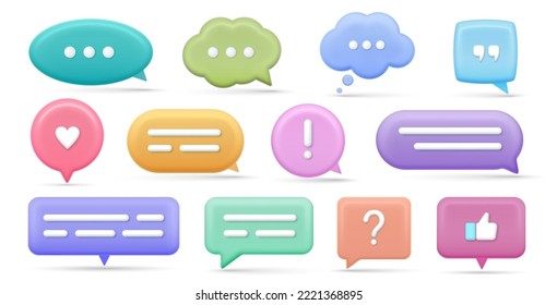 Set of 3d speak bubble. Chatting box, message box. Social network communication concept. Vector illustration.