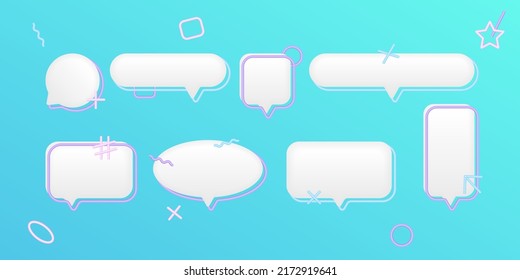 Set of 3D speak bubble text, chatting box, message box realistic vector illustration design. Balloon and elements in holographic memphis style of thinking sign symbol. On the cyan background.