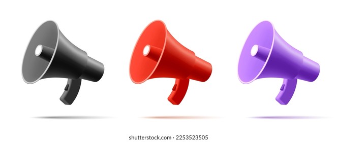 Set of 3d speaker, megaphone. Modern, multicolored, for advertising materials and web design. Vector illustration on a white background.
