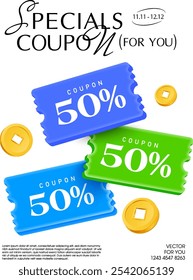 Conjunto de Cupones especiales 3D en color azul y verde con código de Cupón, monedas de oro, por ciento de Precio, aislado sobre fondo blanco. Cartel de cupón de descuento para campaña de promoción. Vector 3D