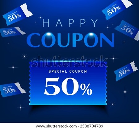 Set of 3d special coupons in deep blue color with coupon code, percent price off, isolated on dark background with sparkling effect. Discount  voucher poster for promotion campaign. 3d vector