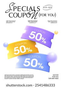 Set of 3d special coupons in different color with coupon code, percent price off, isolated on white background. Discount  voucher poster for promotion campaign. 3d vector