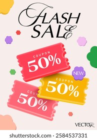 Set of 3d special coupons in different color with coupon code, percent price off, isolated on white background. Flash sale discount  voucher poster for promotion campaign. 3d flash sale coupon vector