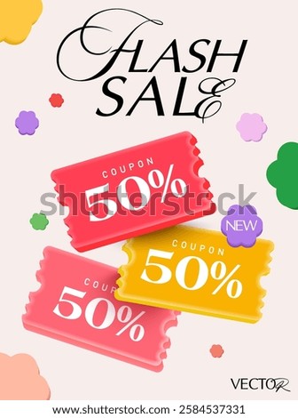 Set of 3d special coupons in different color with coupon code, percent price off, isolated on white background. Flash sale discount  voucher poster for promotion campaign. 3d flash sale coupon vector