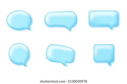 Set of 3D speech bubble icons. Colorful stickers of various geometric shapes for online chats, dialogues and communication. Copy space. Cartoon realistic vector collection isolated on white background