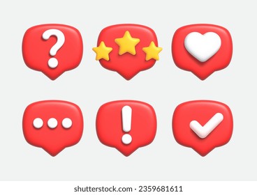 Set of 3D speech bubble icons for social media. 3d vector rendering of check mark, heart, star, message and question symbol. Vector illustration