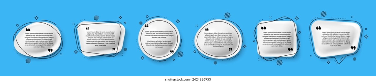 Set of 3d speech bubble icons with double quotes. Speak bubble text, chatting box, chat dialog icon. Speech bubbles with quotation text. Message box, talk cloud and think bubble. Vector illustration