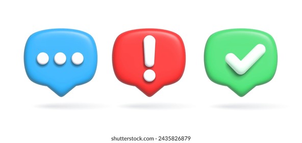 Set of 3D speech bubble icons for social media. 3d vector rendering of check mark, message and question symbol. Vector illustration