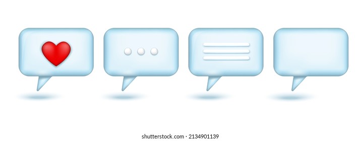 Set von 3D Speech Blase Pin.3D Blue Bubble chat mit einem Herzen.Speech Wolken Chat Blase Symbol. Vektorgrafik einzeln auf weißem Hintergrund.Nachrichtenbox Communication.3d Love Bubble Talk.