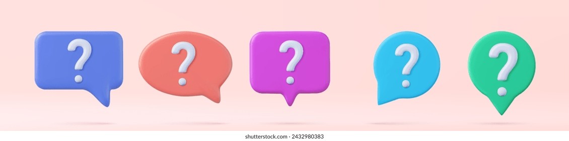 set of 3d Speech bubble with question mark icon. FAQ, support, help concept. 3d rendering. Vector illustration