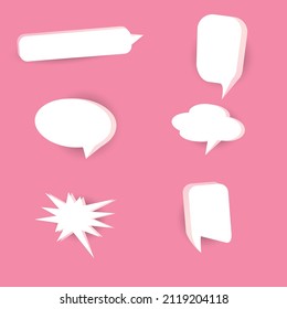 Set of 3d speech bubble text, chatting box, message box outline cartoon vector illustration design. Balloon doodle style of thinking sign symbol.  Isolated on a pink background.