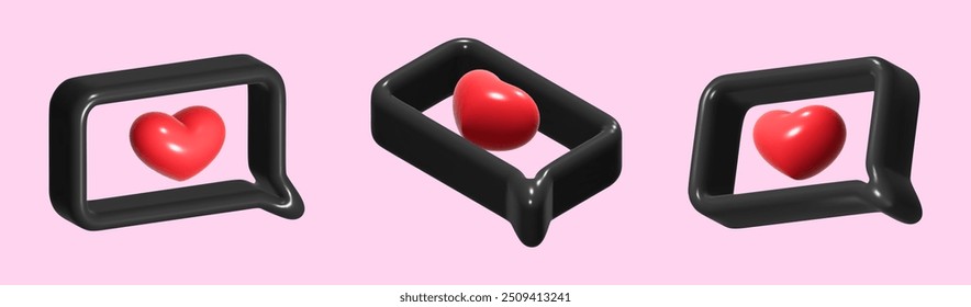 Set of 3D speech bubbles with black plastic texture. Playful frame with red heart, like, review, social networks. Black Friday.
