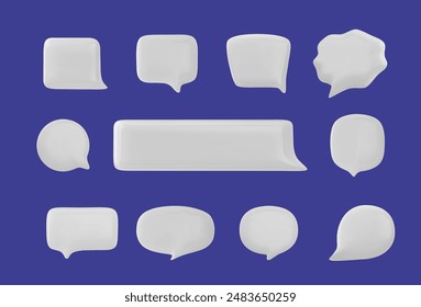 A set of 3D speech bubbles for chatting and messaging. Vector icons in realistic shapes, including rectangle, ellipse and cloud, on a clear blue background