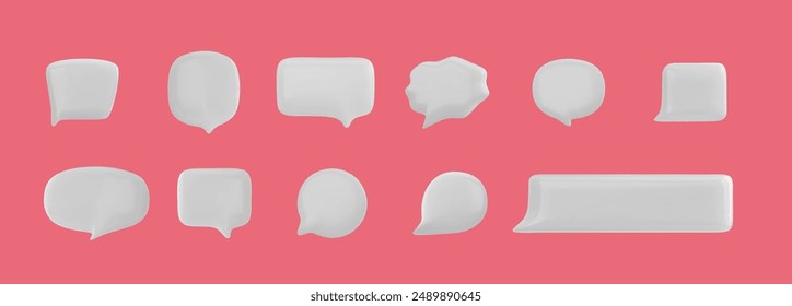 A set of 3D speech bubbles for chatting and messaging. Vector icons in realistic shapes, including rectangle, ellipse and cloud, on a clear pink background.