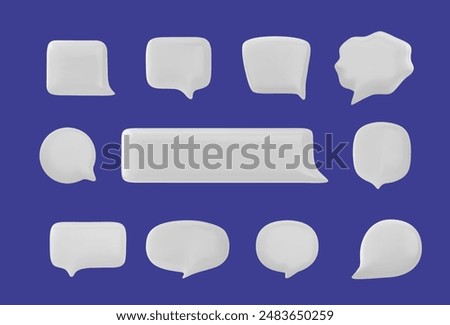 A set of 3D speech bubbles for chatting and messaging. Vector icons in realistic shapes, including rectangle, ellipse and cloud, on a clear blue background