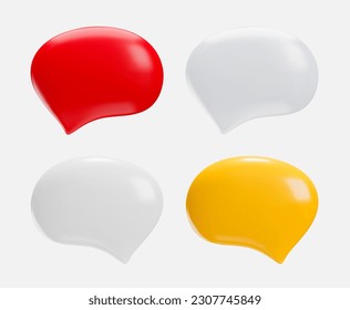 Conjunto de burbujas de voz 3D. Cuatro iconos de mensaje en blanco, rojo y amarillo. Ilustración vectorial aislada en fondo blanco.