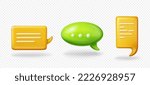 Set of 3D speech bubbles isolated on transparent background. Vector illustration of rectangular and round yellow and green chat message clouds. Communication symbols. Messenger app design elements