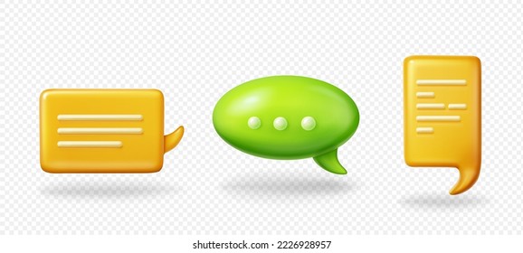 Set of 3D speech bubbles isolated on transparent background. Vector illustration of rectangular and round yellow and green chat message clouds. Communication symbols. Messenger app design elements