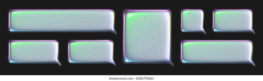 Set of 3D Speech bubbles liquid metal texture. Modern Realistic 3d design of Chat dialogue bubble text.