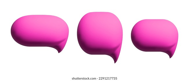 Conjunto de burbujas de voz 3D mate rosado. Tres íconos de mensajes de chat de redes sociales, símbolos de diálogo realistas en blanco. Ilustración del vector aislada en fondo blanco