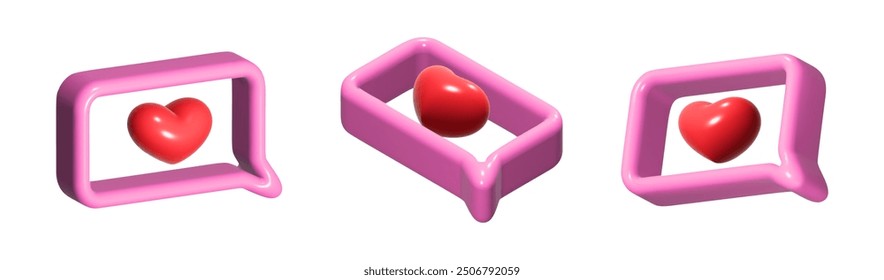 Set of 3D speech bubbles with pink plastic texture. Playful frame with red heart, like, review, social networks.