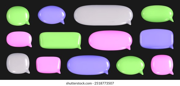 Conjunto de burbujas de discurso 3D con una textura brillante, reflectante de diferentes colores. Formas minimalistas redondeadas con espacio para texto.