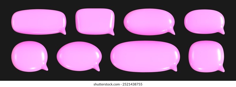 Conjunto de bolhas de fala 3D com uma textura rosa brilhante e reflexiva. Formas minimalistas arredondadas com espaço para texto.