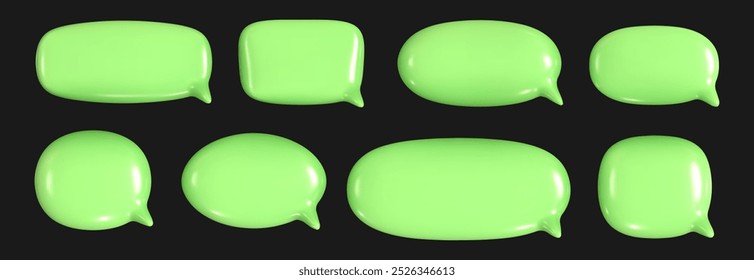 Conjunto de bolhas de fala 3D com uma textura verde brilhante e reflexiva. Formas minimalistas arredondadas com espaço para texto.