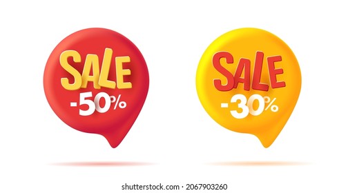 Set of 3d speech bubbles tags illustration withdiscount off 30 and 50 percent, in red and yellow colors