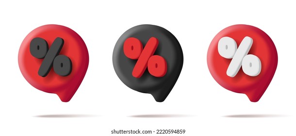 Set of 3d speech bubbles tags illustration with discount percent sign, in red and black colors