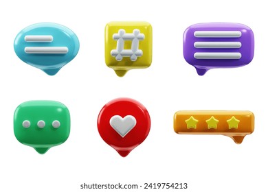 Establece el vector de icono de voz 3d, comunicación, burbujas de diálogo. Ilustración de burbuja de habla brillante aislada en fondo blanco. Diseño moderno de caricaturas. Medios sociales, chat, concepto soñador