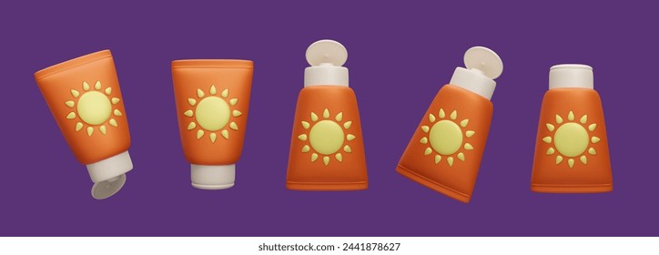 Conjunto de botellas de protección solar 3D SPF ilustración vectorial. Lindo estilo de dibujos animados naranja bloqueador solar productos cosméticos 3D render. Maquillaje de cuidado de la piel de verano, tratamiento de belleza de seguridad solar, alto nivel de protección UV.