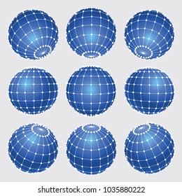 Set of 3d spheres globe earth grid from different sides. Horizontal and vertical lines, latitude and longitude. Neural information concept. Vector globe