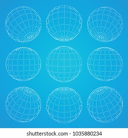 Set of 3d spheres globe earth grid from different sides. Horizontal and vertical lines, latitude and longitude. Neural information concept. Vector globe