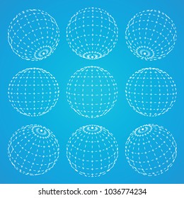 Set of 3d spheres globe earth grid from different sides. Horizontal and vertical lines, latitude and longitude. Neural information concept. Vector globe
