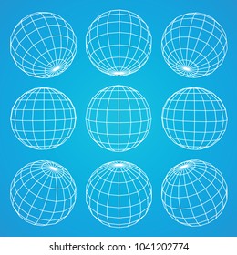 Set of 3d spheres globe earth grid from different sides. Horizontal and vertical lines, latitude and longitude. Neural information concept. Vector globe