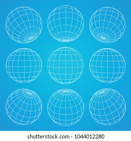 Set Of 3d Spheres Globe Earth Grid From Different Sides. Horizontal And Vertical Lines, Latitude And Longitude. Neural Information Concept. Vector Globe