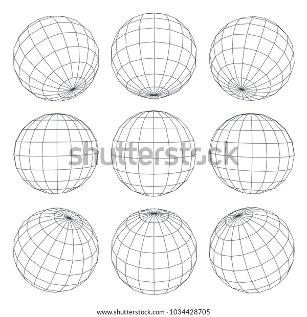 異なる側面から地球を球状にする3d球グリッドのセット 水平線と垂直線 緯度と経度 ニューラル情報のコンセプト ベクター球 のベクター画像素材 ロイヤリティフリー