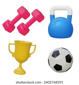 Set 3d sport icon equipment. Vector illustration. Set include Champions football trophy for winner award, soccer ball, dumbbell