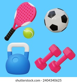 Set 3d sport icon equipment. Vector illustration. Set include pink paddle tennis racket and green tennis ball, soccer ball, dumbbells, kettlebell