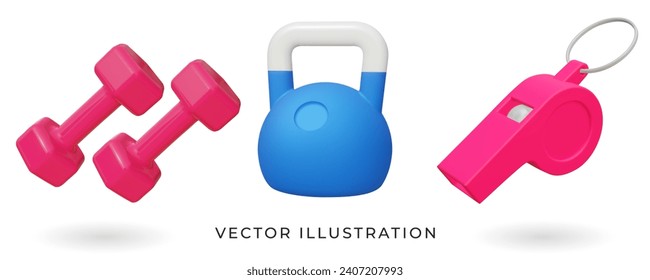 Set 3d sport icon equipment. Vector illustration. Set include sport dumbbells, kettlebell, referee red whistle