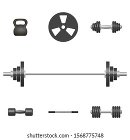 Set of 3D sports equipment items. Elements design for gym and fitness room. Front view, vector illustration.