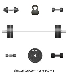 Set of 3D sports equipment items. Elements design for gym and fitness room. Front view, vector illustration.