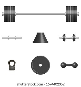 Set of 3D sports equipment items. Elements design for gym and fitness room. Front view, vector illustration.