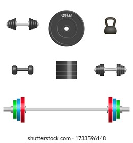 Set of 3D sports equipment items. Elements design for gym and fitness room. Front view, vector illustration.