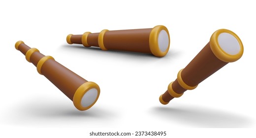 Set of 3D spyglass in different positions. Illustrations for online game, strategy. Device for navigation, discovery of new lands. Observation of potential opponent at long distance