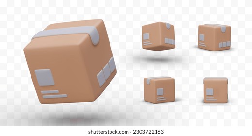 Set of 3D square light boxes, view from different sides. Cardboard packaging with blank labels. Templates for advertising store goods and services. Realistic icons with shadows