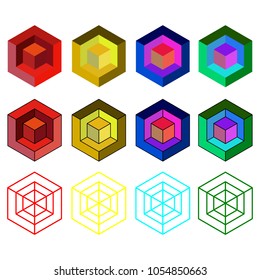 Set of 3D square red, yellow, blue, green, white background.