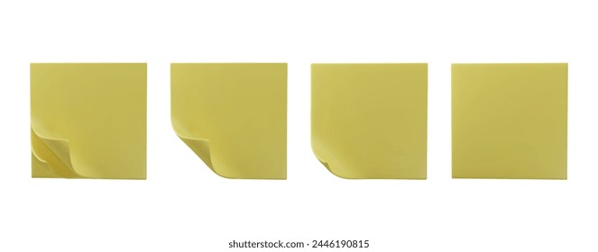 Set 3d square tear-off yellow paper sheets for notes icon. Sticky blank perfect templates of a price tags. Empty mock up for memos. Vector white sheet of paper isolated on white background.