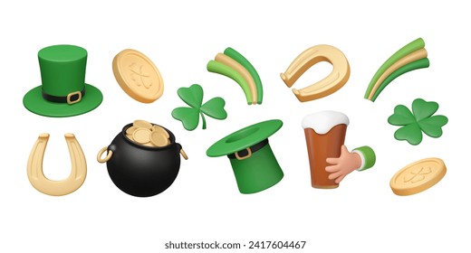 Conjunto de elementos 3D St. Patrick's Day en estilo plástico. Oro de oro, sombrero verde leprechaun, cerveza en mano, monedas de oro y herradura, shamrock y trébol, arco iris aislado. Ilustración vectorial.